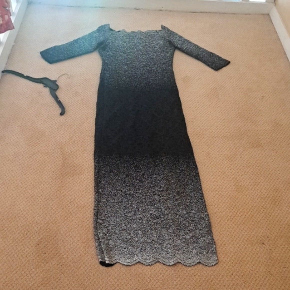 MARINA Dresses & Skirts - MARINA Black&Silver Ombre Knit  Maxi Off Shoulder Cocktail Dress w/ 3/4 Sleeve 8